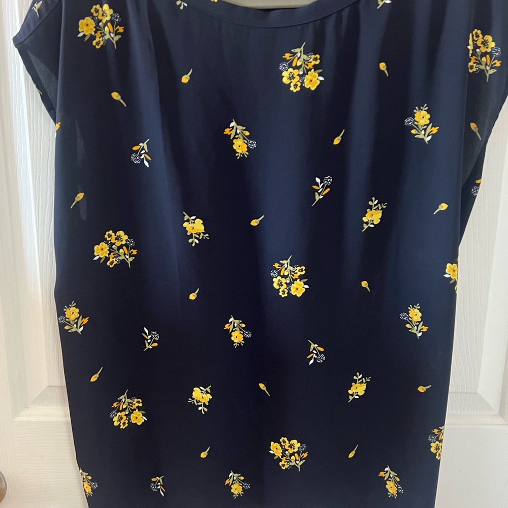 LOFT Navy Blouse with Yellow Floral Design